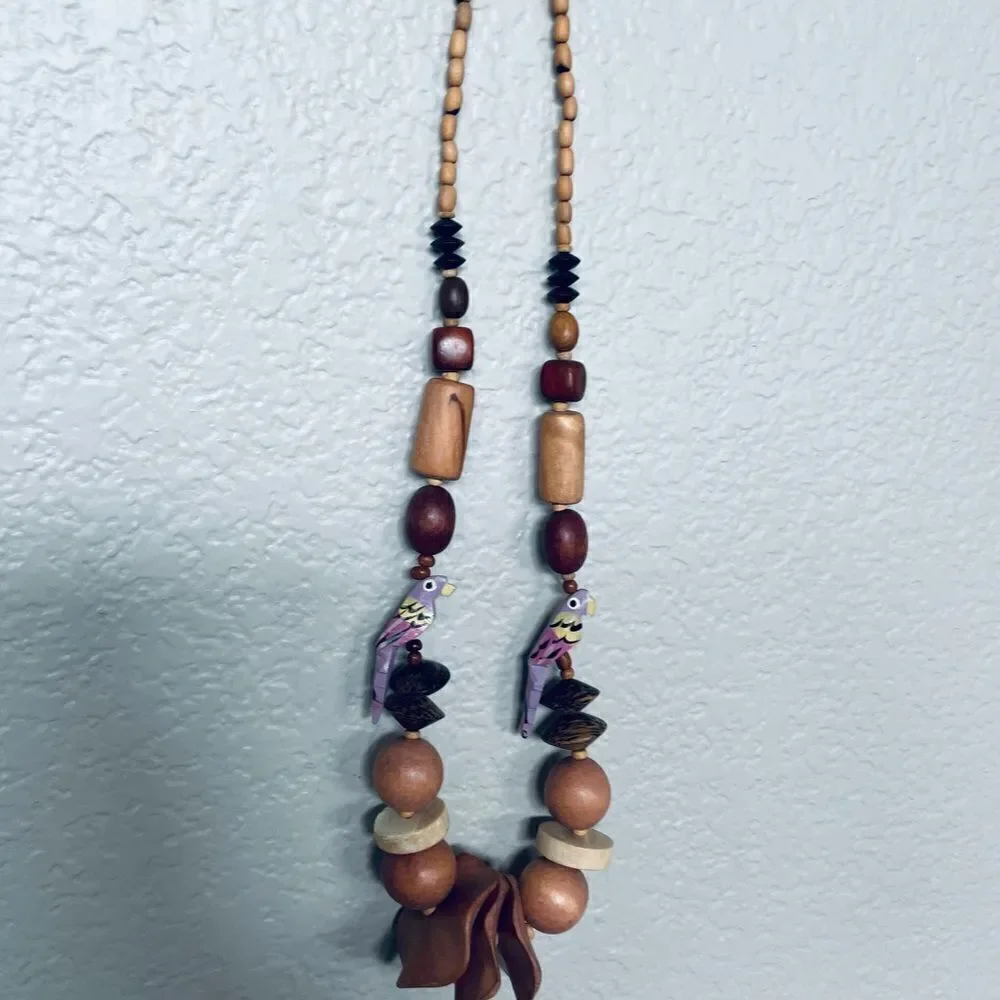 Wood Bead Carved Parrot Statement Necklace